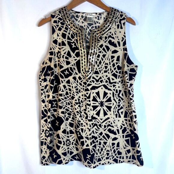 Susan Bristol Bold Black Tan Abstract Geo Print Linen Blend Tank Blouse Size LRG - Picture 6 of 6